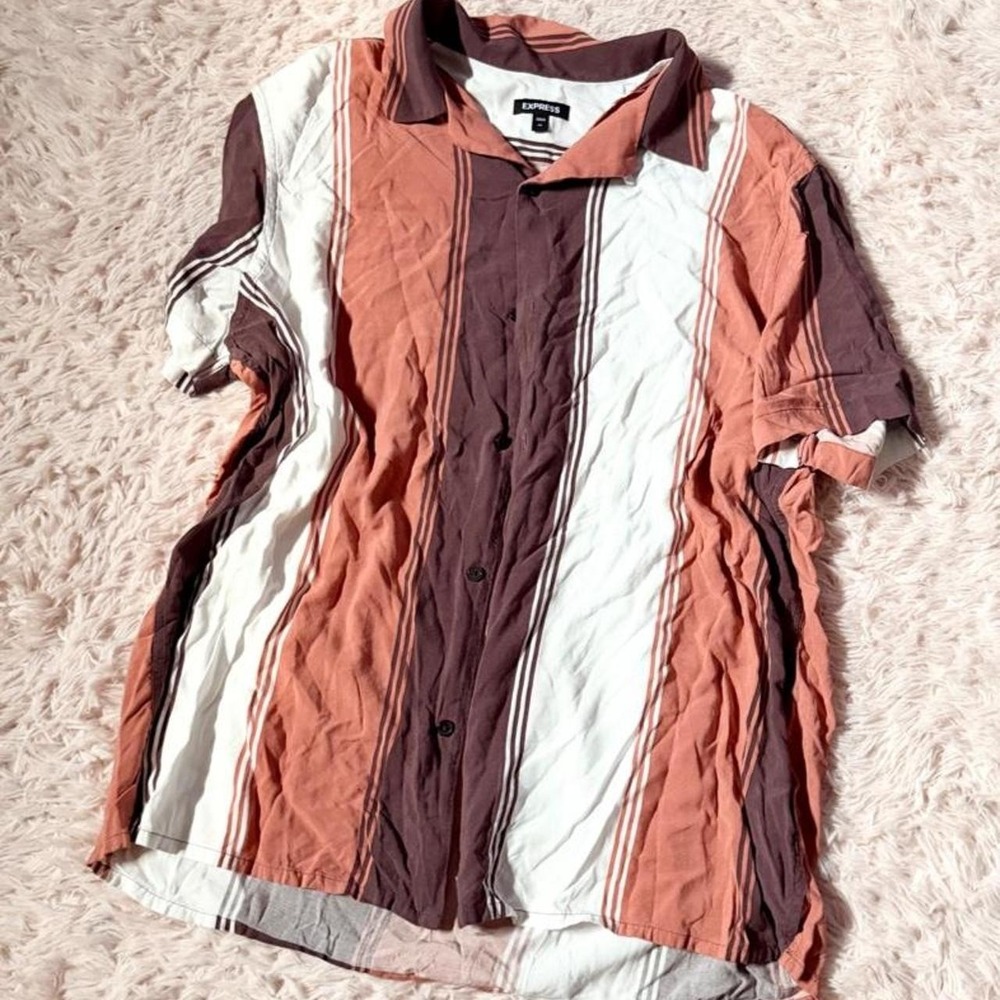 Earthy Muted Retro Striped Lebowski Dude Button Down Bowling Shirt Mens XL